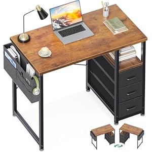 AODK 32″ Small Computer Desk with Fabric Drawers, Kids Girls Teen Study Writing Desk for Bedroom, Home Office Desk with Storage Shelf & Bag for Small Space, Vintage