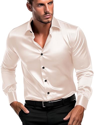 Image of IndoPrimo Men's Satin Shirt with Spread Collar Neck Line Solid Pattern Full Sleeves Regular Fit Western Style and Standard Length