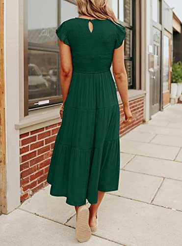 Merokeety ME02203DRESS1-FORESTGREEN-M Women'S Summer Casual Short Sleeve Round Neck Smocked High Waist Flowy Sun Midi Dress,Forestgreen,M thumb #2