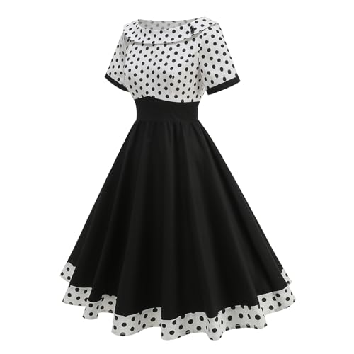 Image of Women's Boat Neck Polka Dot Cocktail Midi Dress Vintage Retro 1950s Style Swing Tea Length Wedding Guest Party Dresses