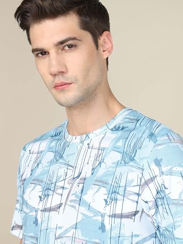 Image of TECHNOSPORT Men's Polyester Slim Fit All Over Print Crew Neck Half Sleeve T-Shirt with Technocool+,SPF50+ and Quick Dry