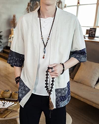 Image of Men's Japanese Kimono Cardigan Loose Cotton Linen 3 /4 Sleeve Open Front Casual Summer Shirt Jackets