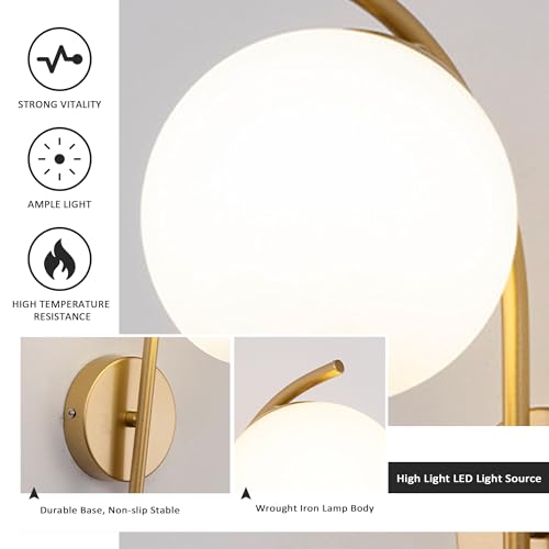 Image of Wall Sconces Plug in Set of 2, Hanging Wall Lamp with Plug in Cord, Metal Wall Lamp White Glass Globe Indoor Wall Decor Light for Bedroom, Farmhouse, Hallway, Living Room, Kitchen, Gold