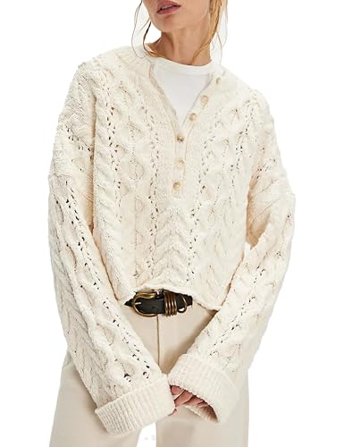 HOWALOOK Women's Chunky Cable Knit Sweater Casual Long Sleeve Crewneck