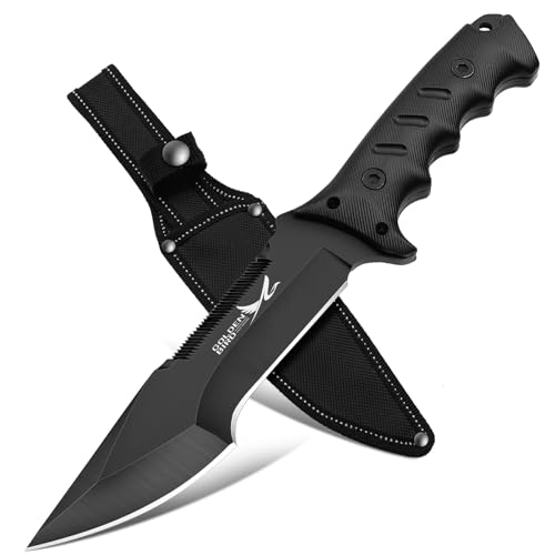 Golden Bird Outdoor Messer Survival Schwarz 2 IN 1 Jagdmesser Feststehende Klinge mit Oxfordscheide - 58HRC Karbonstahl Bushcraft Messer Full Tang Survival Messer mit säge - Geschenke für Männer
