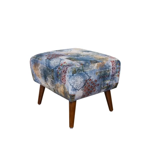 Image of The Artage Puffy Stool for Living Room Vanity Dressing Table Sitting Blue Printed Premium Foam Cushioned Pouffe Ottoman for Foot Rest Stool for Home Decor Furniture Wooden (Floral) (Soft Blue)