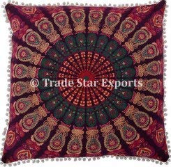 Fodera Cuscino Quadrato 66x66cm Indiana Mandala - Cotone Con Pompon E Cerniera - Solo Coperta - 2