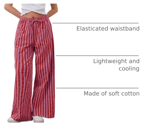 Image of MISSACTIVER Women Drawstring Striped Pants Loose Wide Leg Trousers Casual Low Waist Pants Comfy Lounge Pants with Pockets