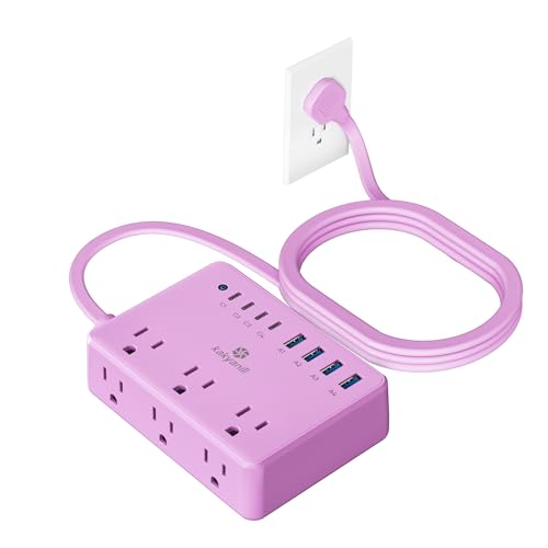 Image of Purple Power Strip with 6 AC 8 USB 2000J Surge Protector 5ft Flat Plug | 4 USB C with 2000J Surge Protector Purple Extension Cord kawaii gift, Compact for Desk Home, Office, Dorm