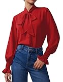 Red Blouse for Women Womens Smocked Cuffed Blouses Casual Long Sleeve Bow Tie Neck Shirts Elegant Chiffon Formal Business Office Work Tops