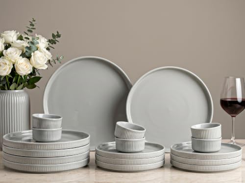 Image of Bodhi House 18 Piece Ribbed Porcelain Dinner Set 6 Dinner Plates | 6 Quarter Plates & 6 Katori, Microwave & Dishwasher Safe, Chip Resistant Crockery Set for Home & Gifting, Pearl Grey