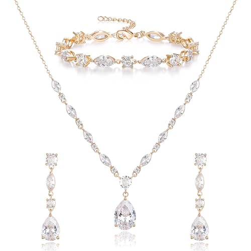 Crysdue Teardrop Bridal Jewelry Set for Wedding Party, Silver/14K/Rose Gold Plated Prom Costume Jewellery for Bride Bridesmaids Women, Cubic Zirconia Necklace Dangle Earrings Bracelet