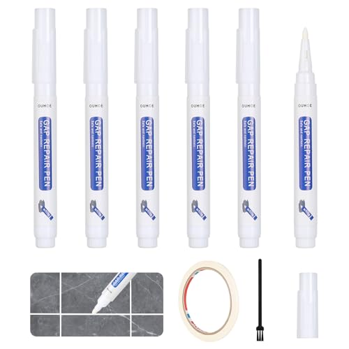 Furuising 6 Piezas Baldosinin Blanqueador de Juntas, 20ml Blanqueador Juntas Azulejos, Blanco Grout Pen Bolígrafo de Lechad con Cepillo Cinta Adhesiva para Baño Cocina Azulejos de Marcador de Juntas