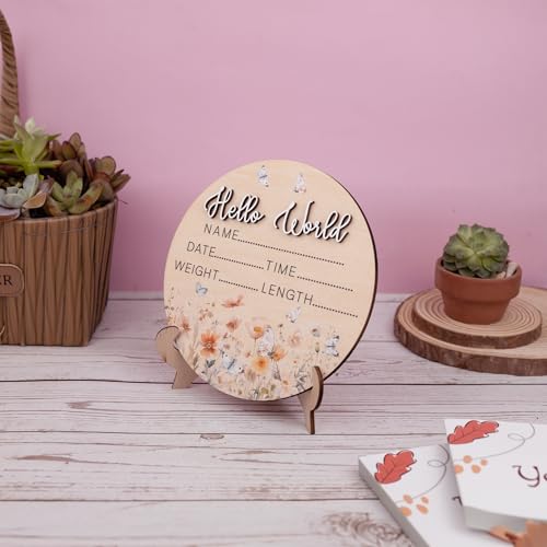 Image of Hello World Wooden Baby Birth Announcement Sign - Floral Butterfly Name Plaque with 3D Lettering - Baby Stats Board for Newborn Photo Prop or Nursery Decor
