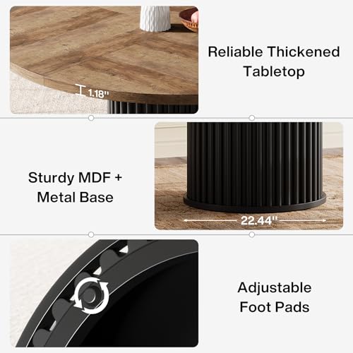 Image of Tribesigns 47.24-Inch Black Round Dining Table for 4-6 People, Modern Fluted MDF + Metal Base Kitchen Table, Sturdy Circle Dining Room Furniture, Brown + Black