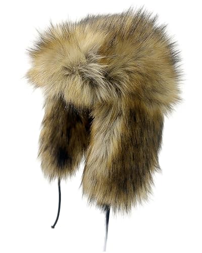 Peicees Faux Fur Russian Hat Soft Ushanka Warm Winter Trapper Hat with Earmuffs for Men and Women Raccoon Brown