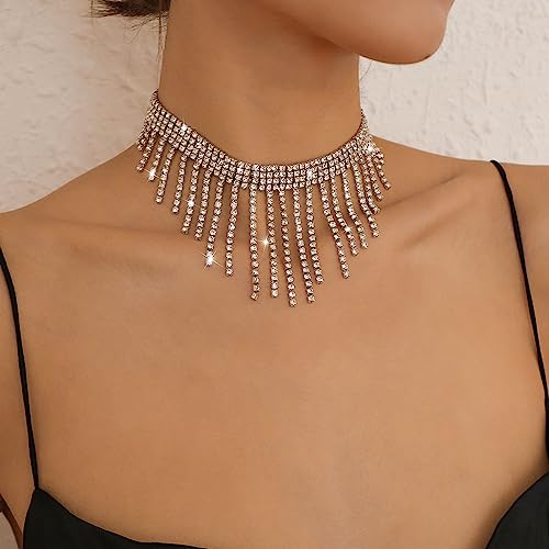 Weenkeey Quaste Strass Halsketten Strass Choker Halskette Sparkly Kristall Halsbänder Kette für Frauen Mädchen - Silber