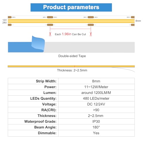 Tira de LED COB 12V 3000K 16.4 pies con conector rápido miniatura 2