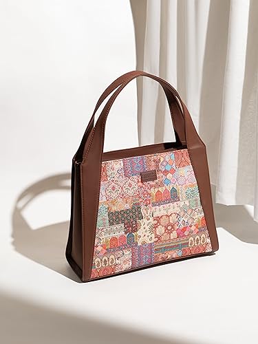 Image of ZOUK Printed Jute Handcrafted Vegan Leather Grey Women's Stylish Tote Bags | Trapezia Tote| Shoulder bag with double handle