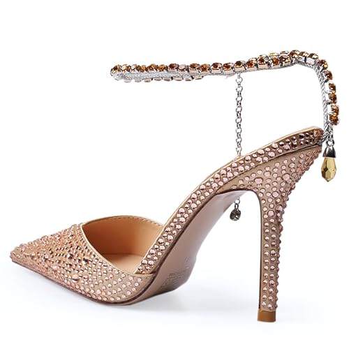 Women's Heeled Sandals Crystal Chain Ankle Straps Rhinestones Buckle High Heels Stiletto Slip On Wedding Party Satin Dress Shoes 3.9 IN2