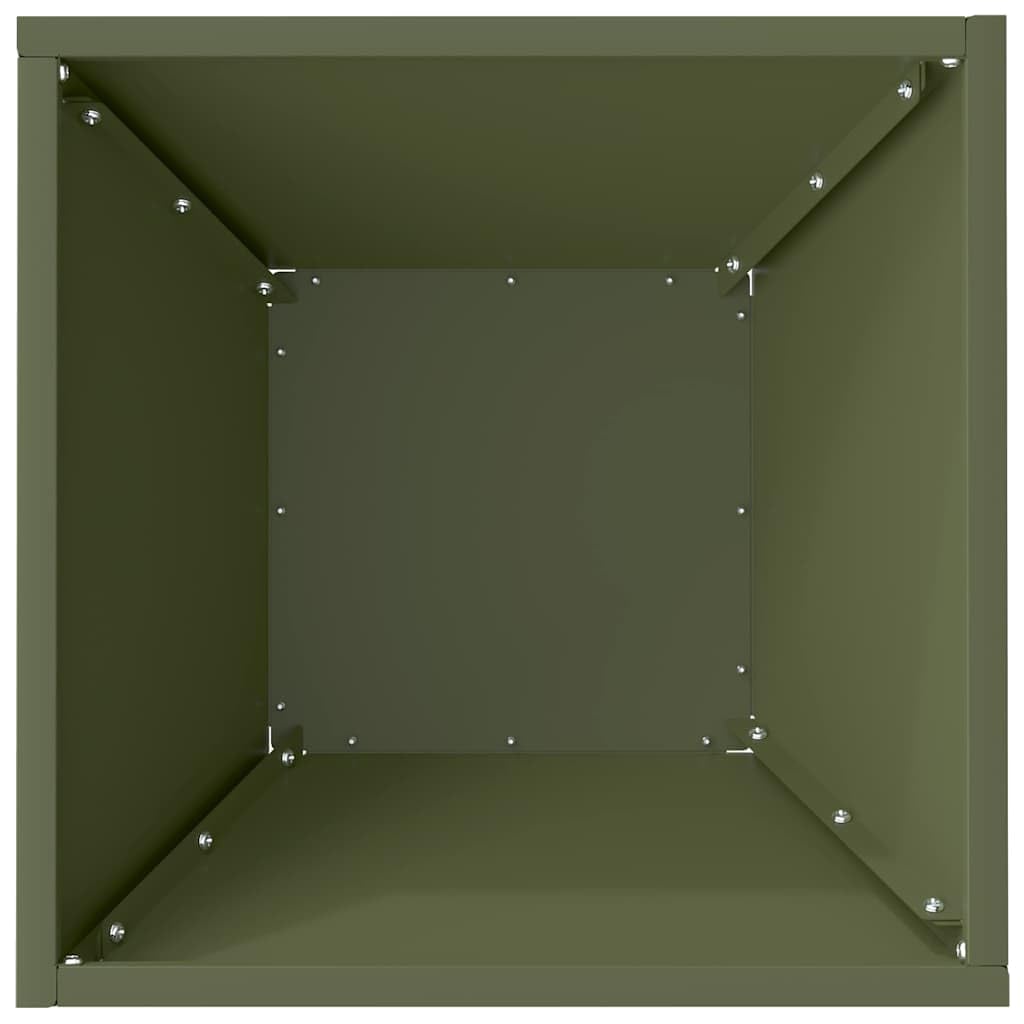 Doniczka ogrodowa Zielony oliwkowy 35 x 35 x 15 cm metalowa nowoczesna trapezowa donica na kwiaty na taras i do ogrodu stal zimnogieta łatwy montaz