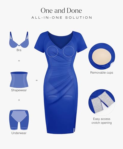 Popilush Women Short Sleeve Shapewear Midi Dress Ruched Bodycon Cocktail Formal Dresses Built in Bra Blue — view 3