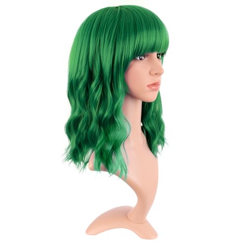 Image of MapofBeauty 14 Inch /35 cm Short Wavy Curly Women Fresh Bright Synthetic Ordinary Flat Bangs Bob Wig (Grass Green)