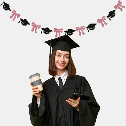Image of Pink Graduation Decorations - Pink Bow & Graduate Cap Garland, Trendy Graduation Party Decor, 2026 Graduation Party Decorations for Girls Rose Gold Black Glitter
