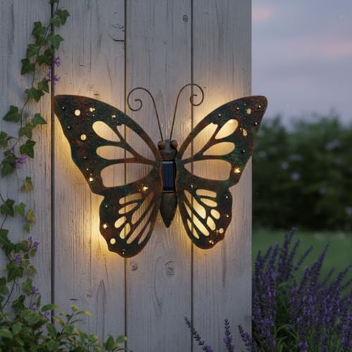 abc HOME | Solar Wanddeko Schmetterling Metall – 42 cm Groß – LED Gartenfigur für Außen mit Lichtsensor – Leuchtende Wanddekoration Schmetterling wetterfest