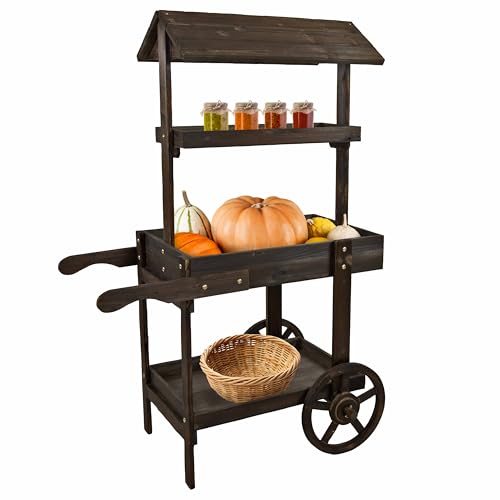 Sunnydaze Country Market Flower Cart Display Stand with Wheels - 2 Shelves - 30 lb Weight Capacity - Pine