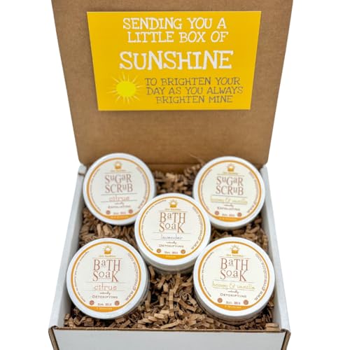 Scrub and Soak Box - Honey & Vanilla Sugar Scrub, Citrus Sugar Scrub, Bath Soaks in Honey & Vanilla, Citrus, Lavender - Luxurious Spa Gift Set for Women