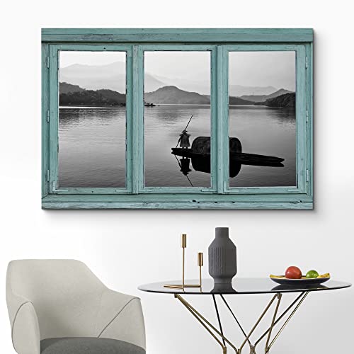 Wall26 - Vintage Teal Window Looking Out Into A Black And White Boat On A Lake With A Mountain View - Canvas Art Home Art - 24X36 Inches #TOP1