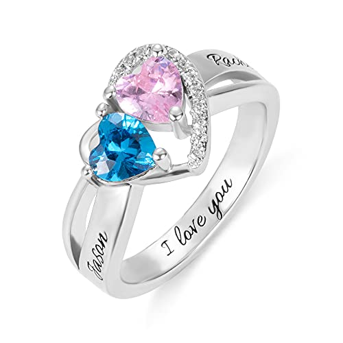 AILIN Personalized Heart Promise Rings For Her 925 Sterling Silver Love Engagement Ring Mother Rings With 2 Simulated Birthstones Custom Engraved Couples Name Ring for Women