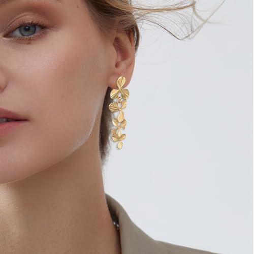 LAXPICOL Gold Clip On Earrings Flower Dangle Drop Earrings For Women No Piercing Flower Earrings2