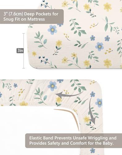 Image of Pack and Play Sheets for Baby Boy and Girl 2 Pack, Neutral Muslin Cotton Pack N Play Mattresses Sheet 27 inchx39 inch, Muslin Nursery Bedding Soft and Breathable Comfort (Spring Garden & Sage)