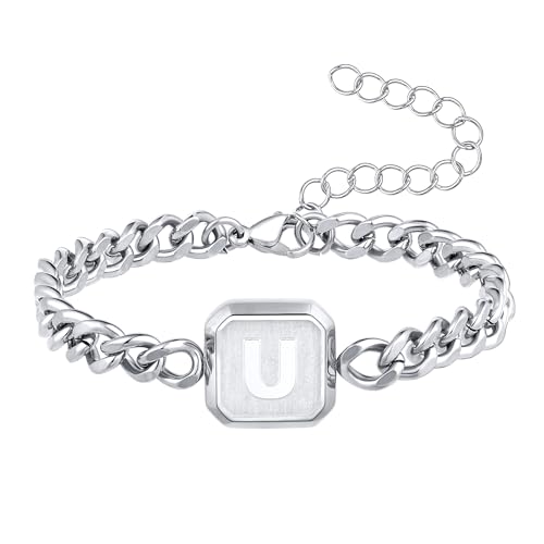 Image of Bellino Initial Bracelet Cuban Link Chain Mens Bracelets Jewelry Gifts | Initial Cuban Link Bracelet for Mens Bracelet Adjustable Size Stainless Steel Men Jewelry Birthday for him Dad Brother Son