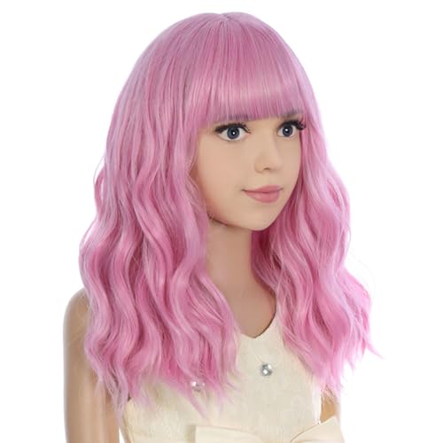 Image of PATTNIUM Light Pink Wig for Kids Short Wavy Pink Wig with Bangs Girls Synthetic Hair for Cosplay Costume
