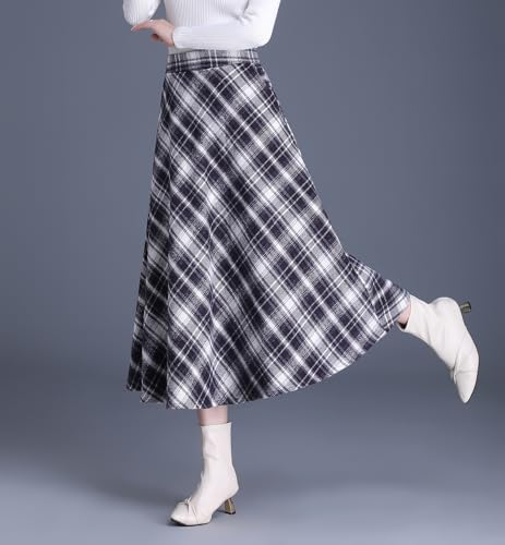 Women's Winter High Waist Plaid Long Skirt Slim A-line Elegant Midi Skirt Maxi Skirt with Pocket4