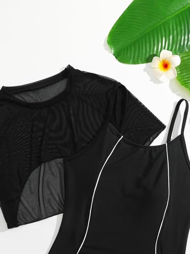 Floerns Girls Spaghetti Strap One Piece Swimsuit with Short Sleeve Mesh Cover Up4