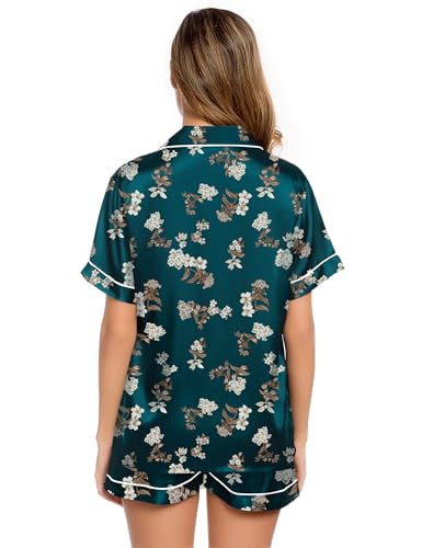 Image of LecGee Womens Silk Satin Pajamas Short Sleeve Loungewear Two-Piece Sleepwear Button-Down Pj Set Deep Green Floral Medium