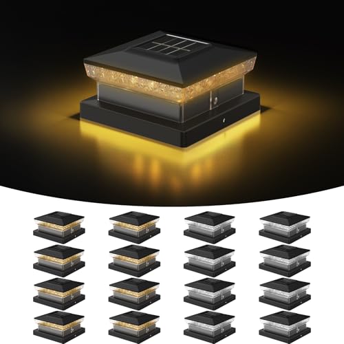Solar Post Cap Lights, 16 Pack Outdoor Fence Post Solar Lights for 4x4 5x5 Wood/Vinyl Posts, 10-12