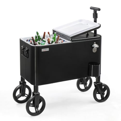 Image of VINGLI 80 Quart Wagon Rolling Cooler Ice Chest, w /Long Handle and 10 inch Wheels, Portable Beach Patio Party Bar Cold Drink Beverage, Outdoor Park Cart on Wheels