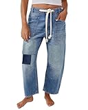 Kedera Womens Baggy Barrel Horseshoe Jeans Wide Leg Patchwork Low Rise Drawstring Denim Pants with Pockets Blue