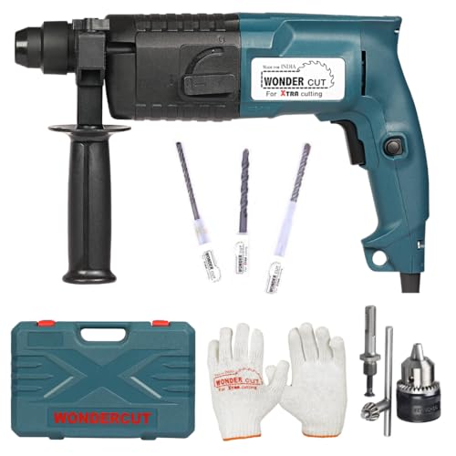 WONDERCUT 780W, WC-2-20RTB Rotary Hammer Drill 20mm, 1000RPM, Copper Armature, with BMC Box, 3 Pcs Drill Bits, 1 Metal Depth Gauge, 13mm Drill Chuck, SDS Adeptor, Gloves | Blue & Black