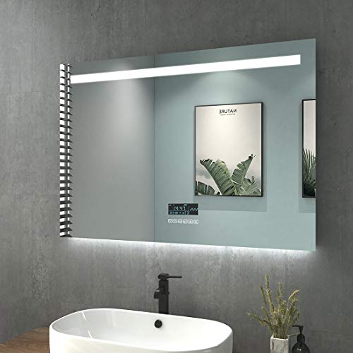 Preisvergleich Produktbild Badezimmerspiegel mit Beleuchtung 100x70cm LED Badspiegel Kaltweiß Lichtspiegel Wandspiegel mit Touchschalter, Beschlagfrei, Uhr, Bluetooth 4.1 Lautsprecher