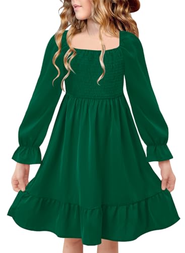 Girls Fall Ruffle Square Neck Dresses Long Puff Sleeve Smocked Elastic Cuffs Swing Midi Dress 6-14 Years