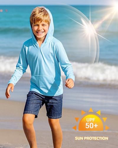 Image of Boys Rash Guard Long Sleeve Hoodie Swim Shirt with Pocket Youth Kids UPF 50+ Sun Protection Fishing Shirts Thumb Hole