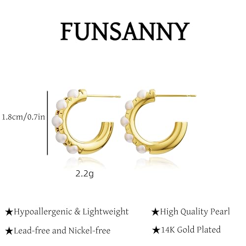 Pearl Earrings for Women - Dainty Gold Earrings Trendy 14K Gold Plated Freshwater Pearl Dangle Hoop Stud Earrings for Women Wedding Jewelry Gift for Women
