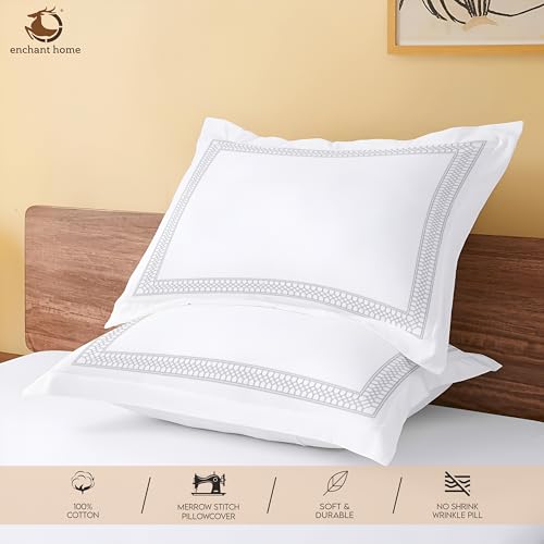 Image of Pure Cotton 500 TC Pillow Cover Set | Greek Embroidered Pillow Cover Set | Percale Weave | 18 X 27 Inches (2, Silver Lattice)