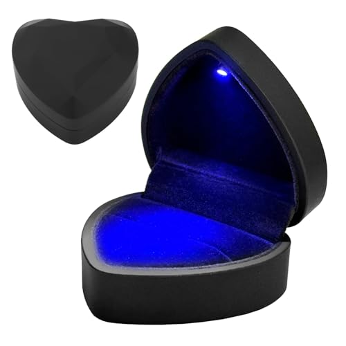 Ring Box With LED Light, Valentine's Day Heart Shape Jewellery Gift Box Auto Lighted Up Velvet Earring Ring Case Creative Diamond Luxury Storage Display Holder for Engagement Proposal Wedding (Black)